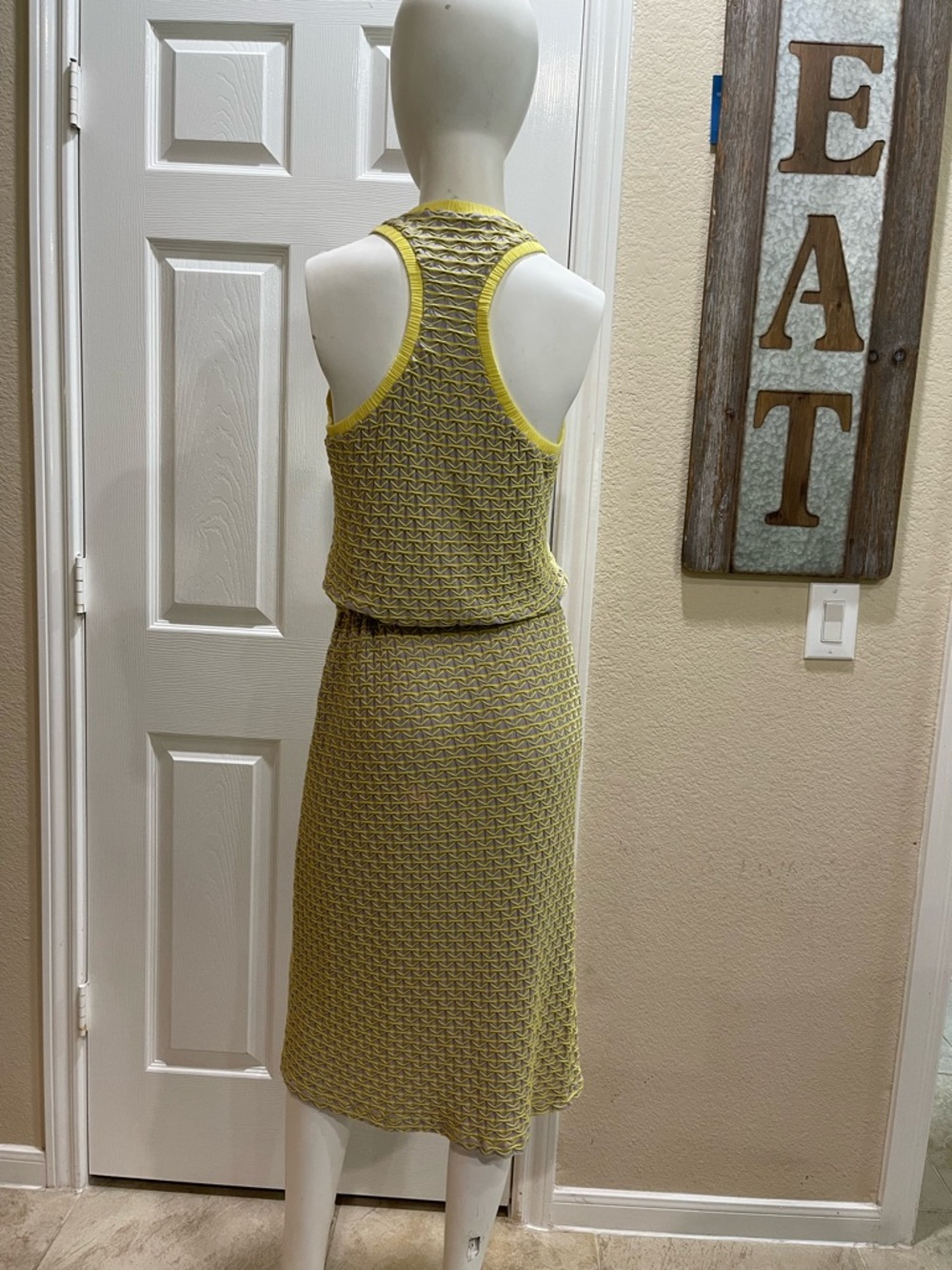 Capote Sleeveless Open-Knit Racerback Midi Gray/Yellow Drawstring Dress Size Lar